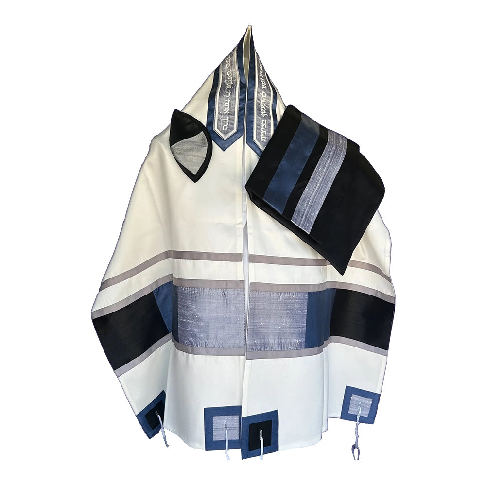 Men's Tallit: ADEB-540 Blues & Black Silver Squares