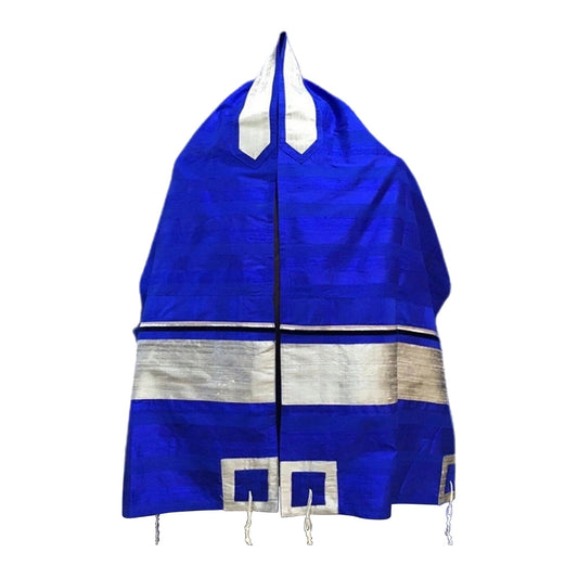 Men's Tallit: ADEB-806 Raw Silk Elcktrical Blue & Silver