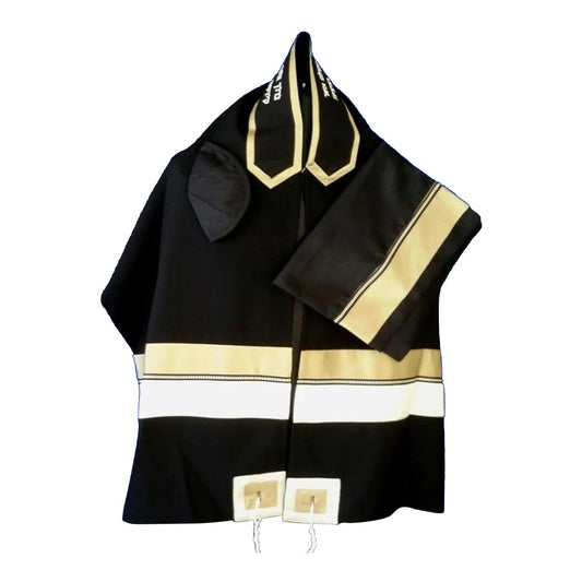 Men's Tallit: ADEB-974 Black Wool Silver & Olive Gold