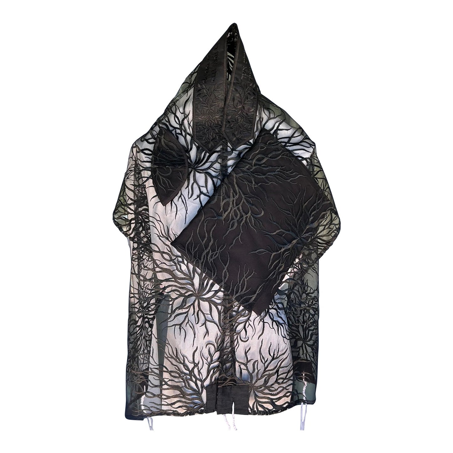 Women's black sheer tallit with Tree of Life design and white fringes, pointed top