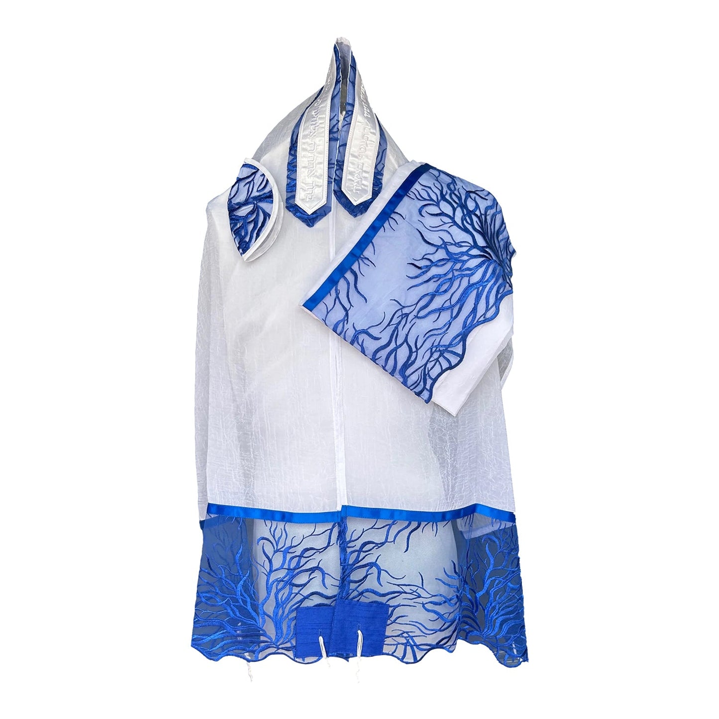 Women's Tallit: Ade-133 White chiffon with royal blue branch lace tallit