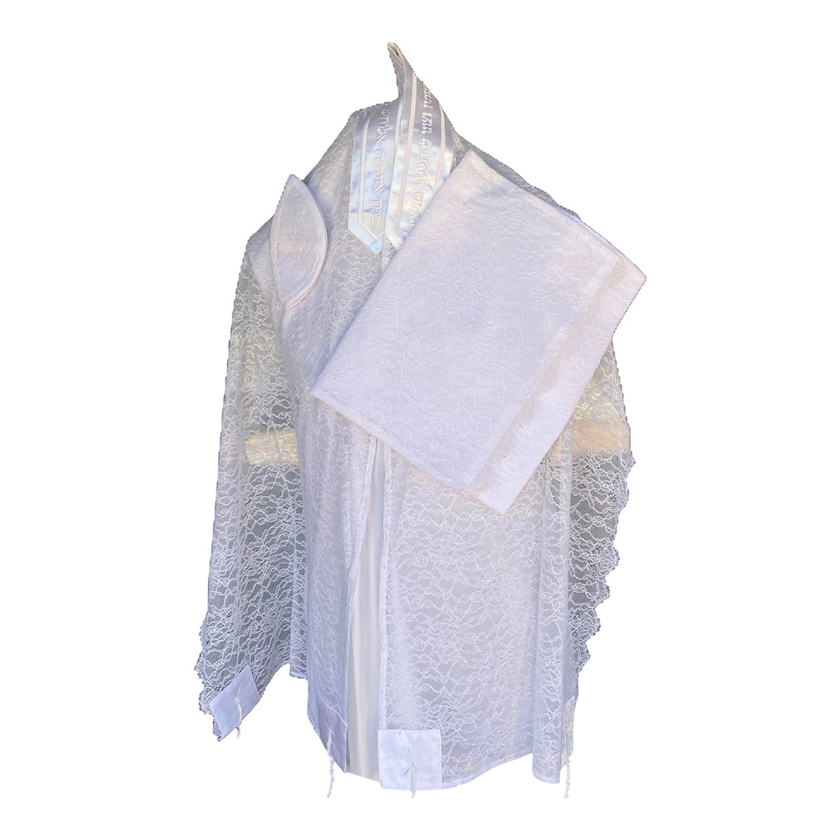 White lace tallit shawl with fringed edges and decorative neckline