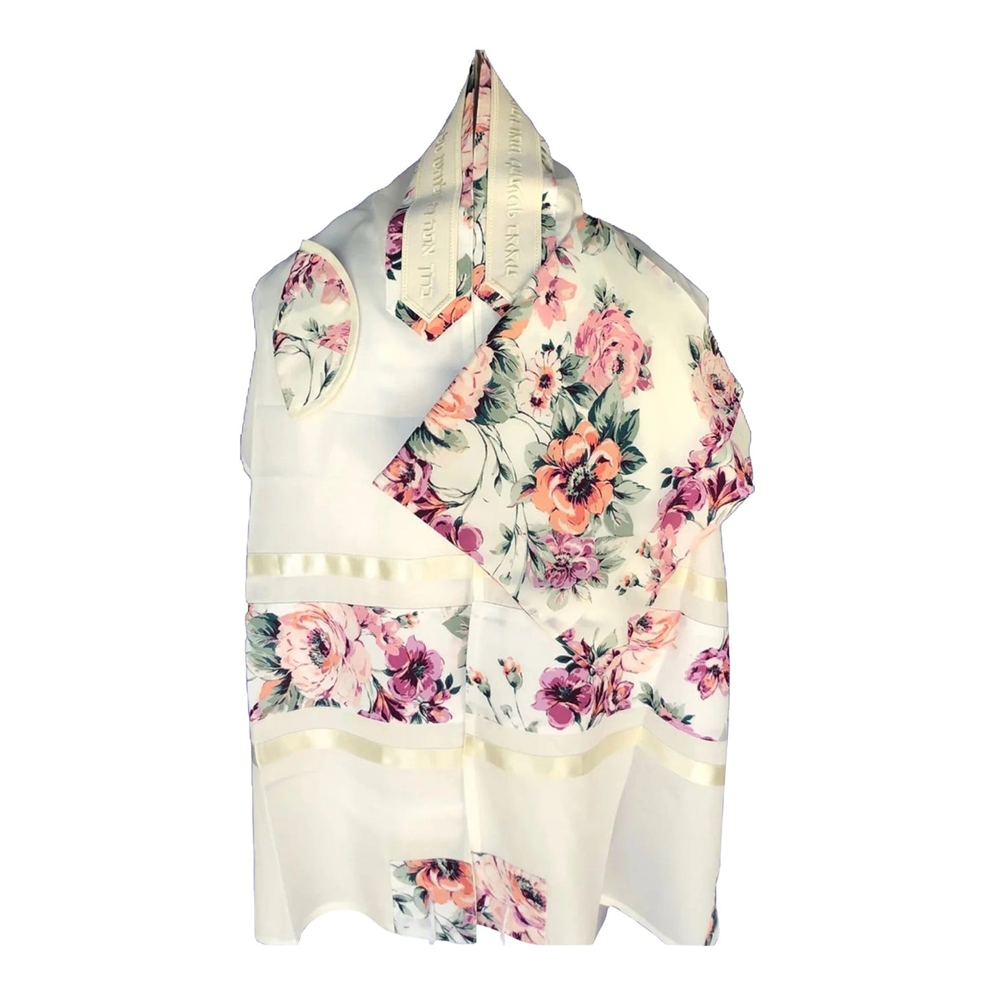 White brushed cotton tallit with pink and purple all-over floral print