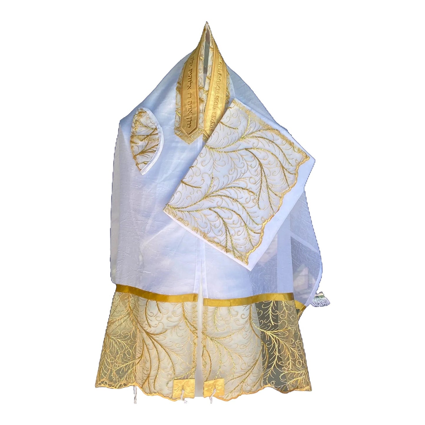 Women's Tallit: Ade-750 White Chiffon with Gold Organza branches Tallit