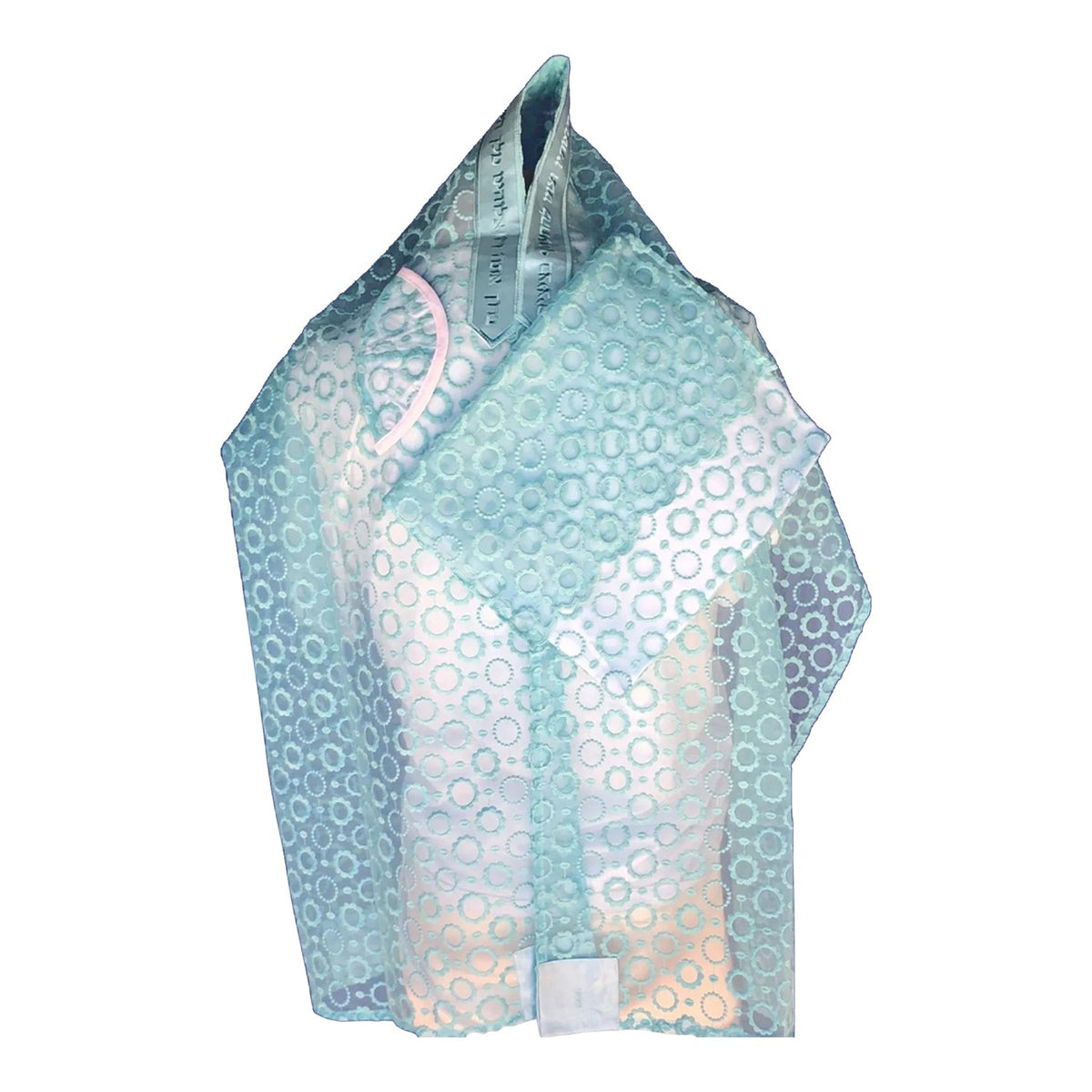 Light blue organza tallit with circular floral pattern and pink border detail