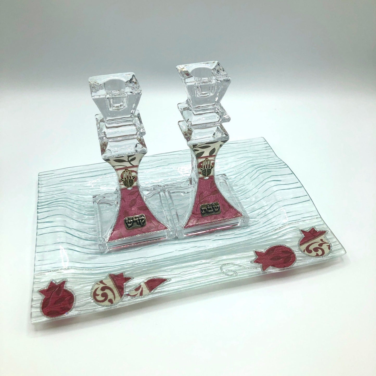 Shades of Pink and Off White glass candle holder set with tray