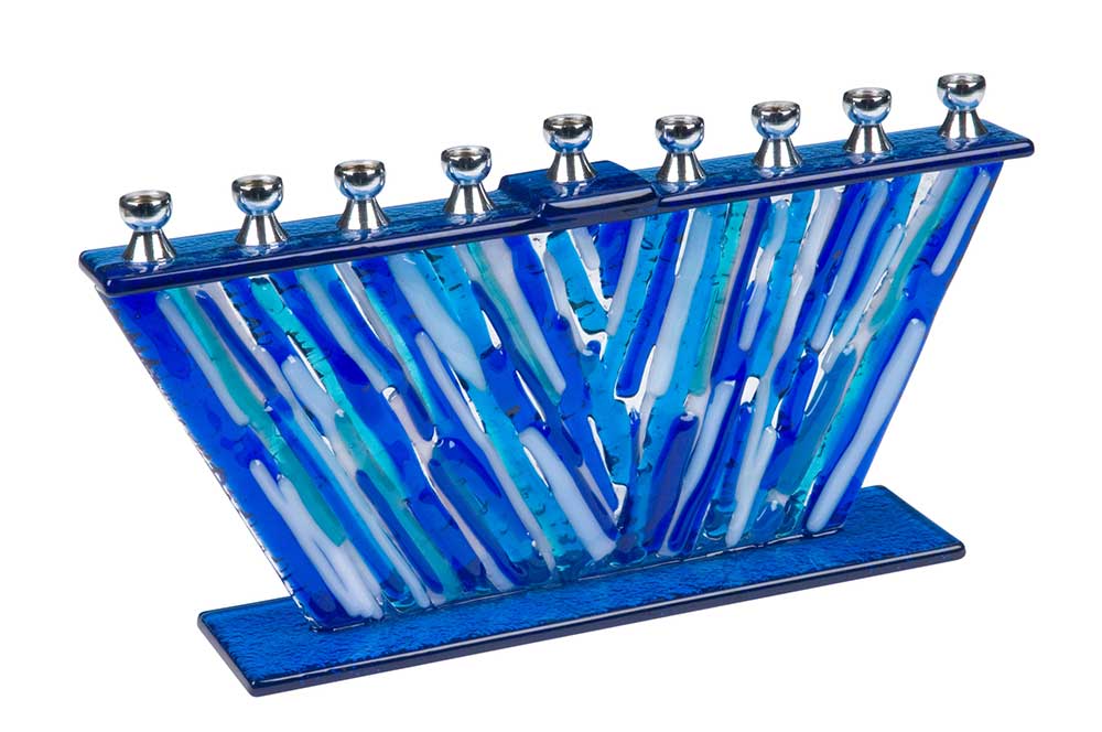 Artistic Fused Glass Menorah - Multi Blue Streaks