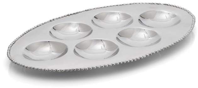 Oval metal seder plate with six raised cup sections, silver finish