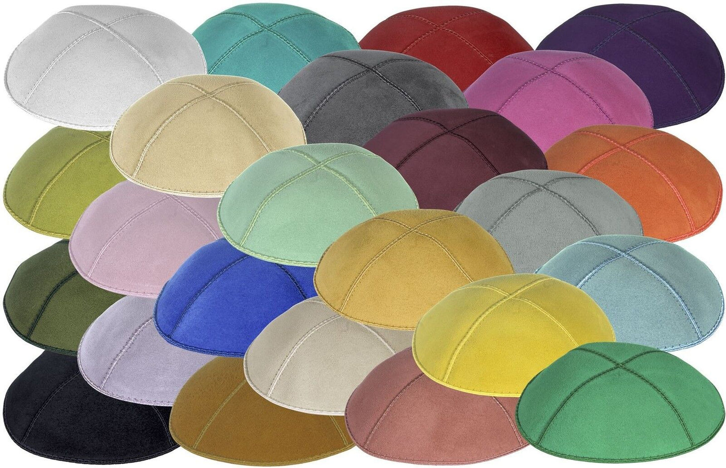 Beige suede kippah shown among an assortment of solid suede colors