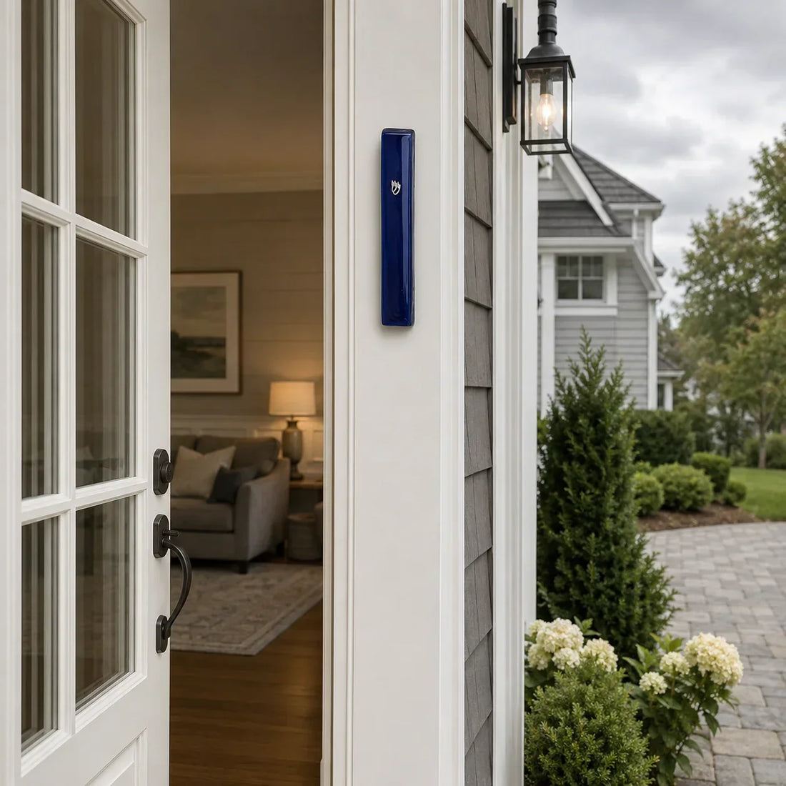 Blue Enamel Jerusalem Mezuzah showing proper mezuzah placement beside a front door
