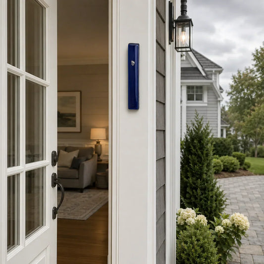 Blue Enamel Jerusalem Mezuzah showing proper mezuzah placement beside a front door