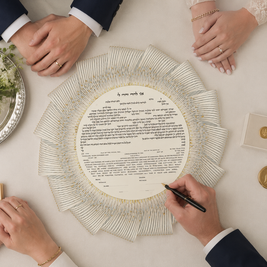 Ketubah, the Jewish marriage contract, being signed by witnesses before a wedding ceremony