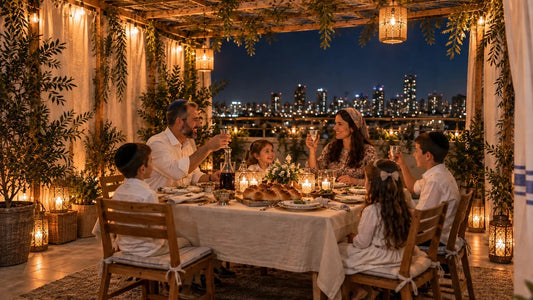 Setting a Sukkot Table That Survives Seven Nights featuring a festive outdoor table with candles, challah, wine, greenery, and elegant place settings.