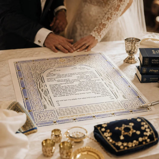 Blue Diamond Ketubah with an ornate blue and gold border displayed on a wedding signing table, with a bride and groom, Jewish wedding props, and warm ceremonial lighting.