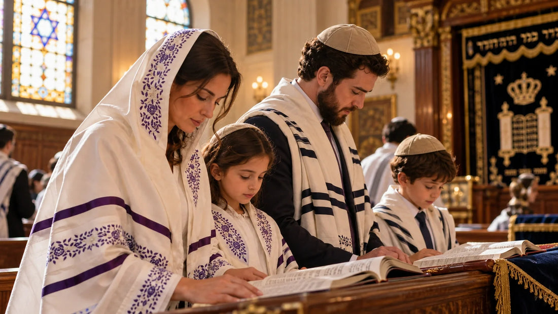 jewish family praying in a synnagogue 