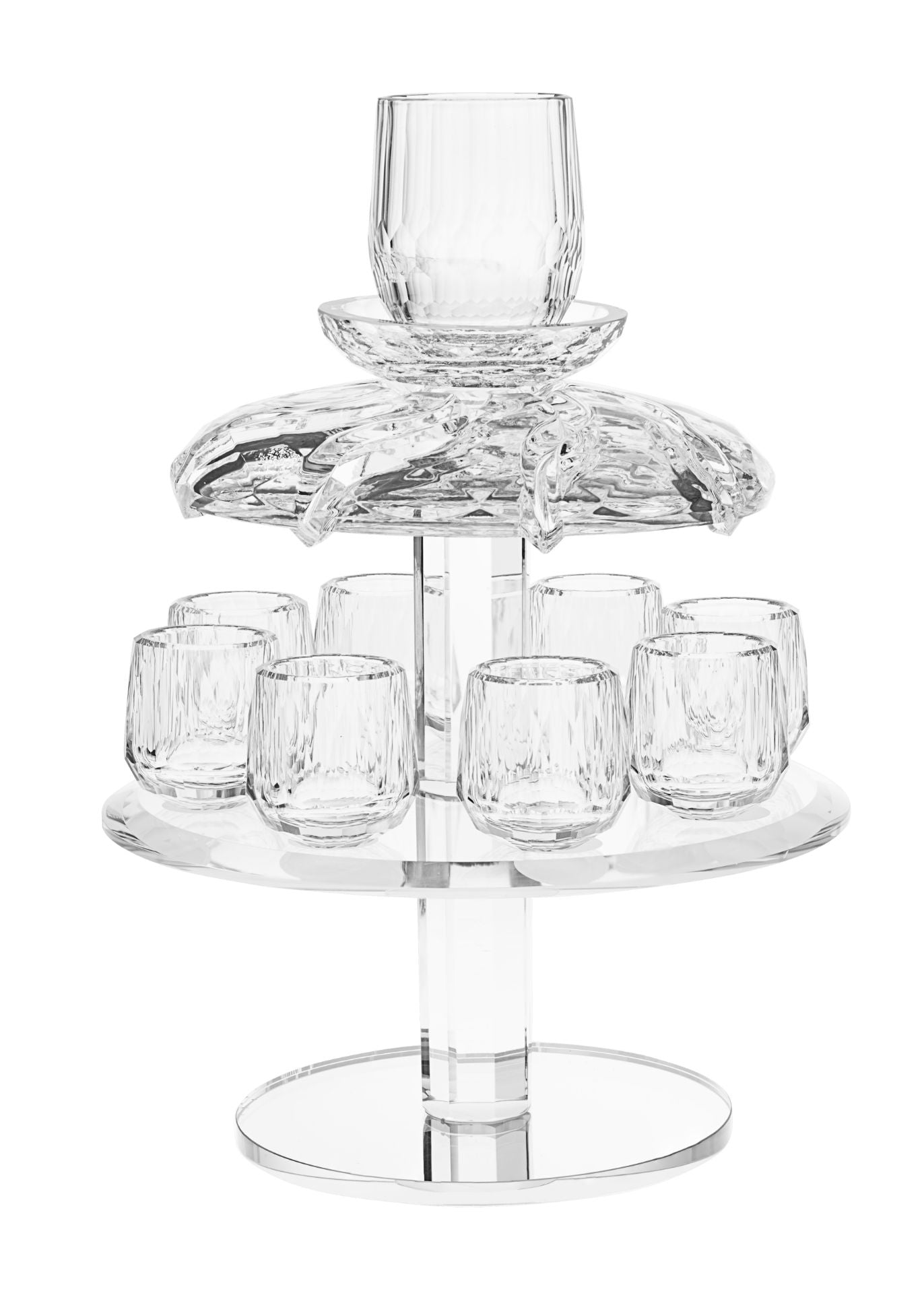 Crystal kiddush fountain with 8 clear cups on a round base