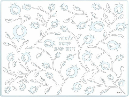 Challah Tray Heated Glass - Light Blue and White pomegranate