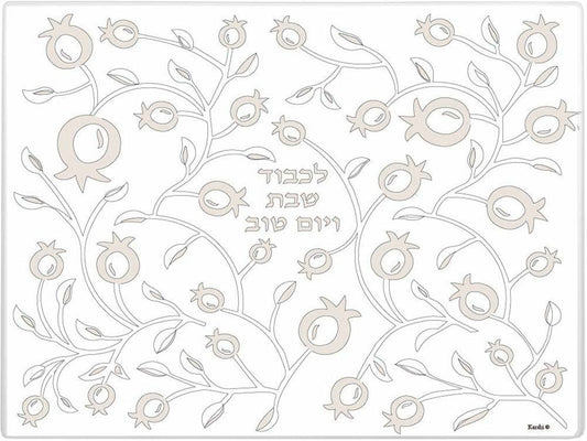 Challah Tray Heated Glass - Gray and White pomegranate