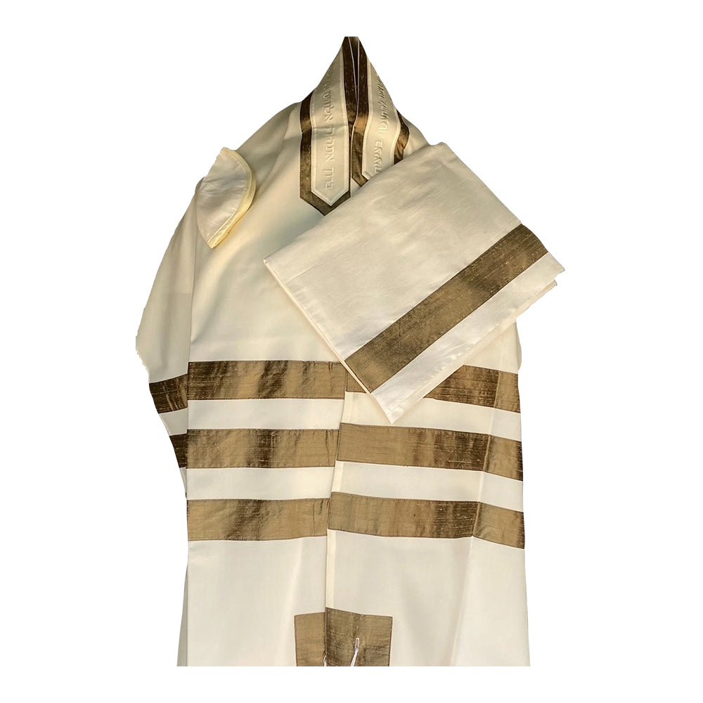 Men's tallit with white fabric and gold striped panels, front tassel and collar