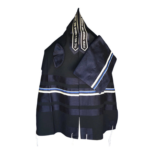 Men's Tallit: ADEB-512 Blue Wool & Silver Ribbon