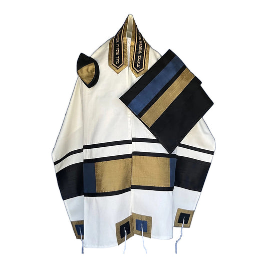 Men's Tallit: ADEB-541 Blue & Gold  Squares