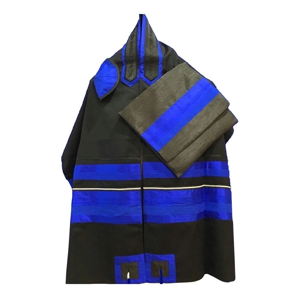 Men's Tallit: ADEB-804 Black Wool  Black & Elcktrical Blue
