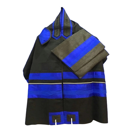 Men's Tallit: ADEB-804 Black Wool  Black & Elcktrical Blue