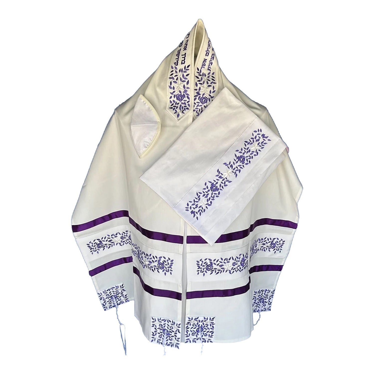 Women's tallit with white fabric, purple striped and floral border, front cut and fringes
