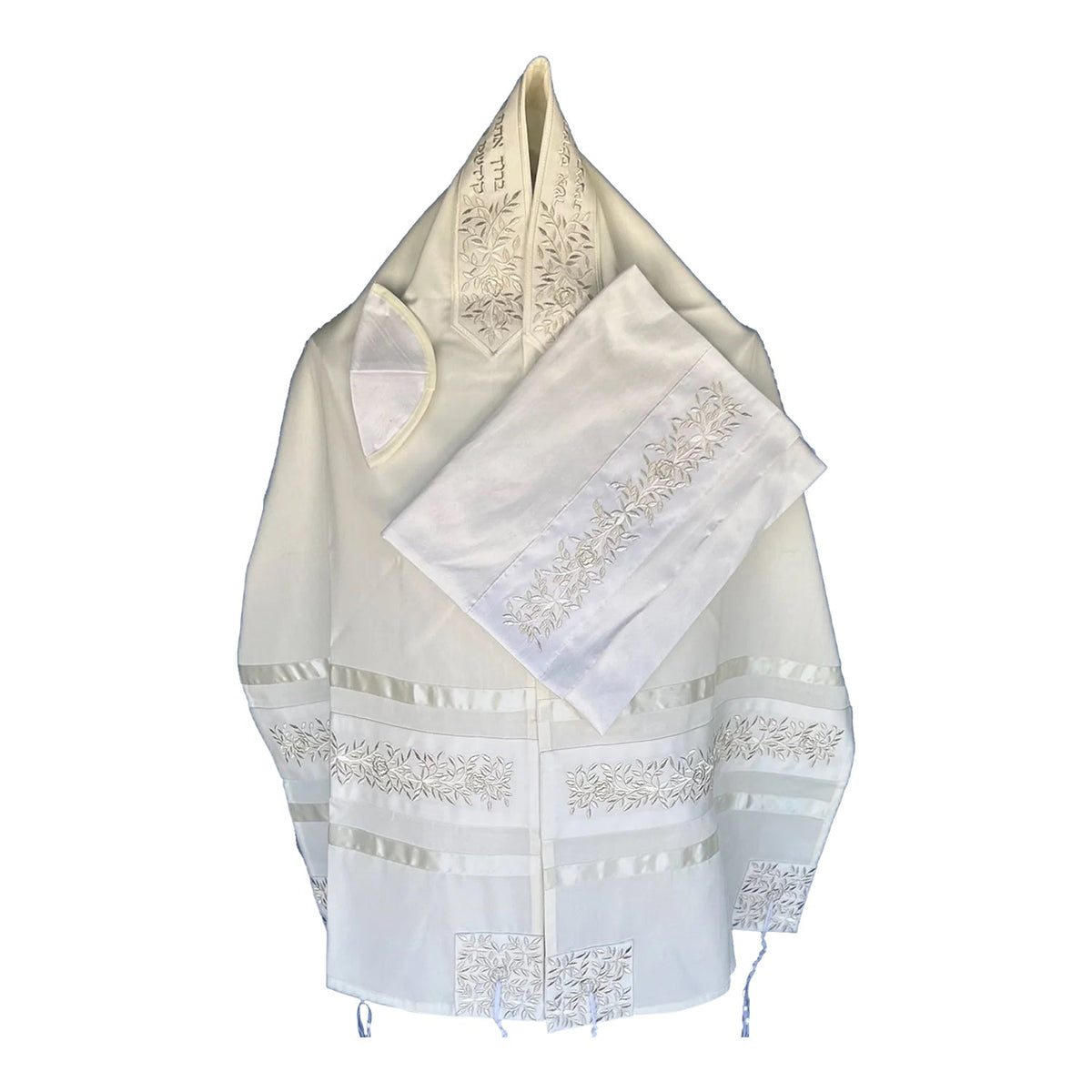 Women’s tallit prayer shawl in white with silver rose embroidery and fringed edges