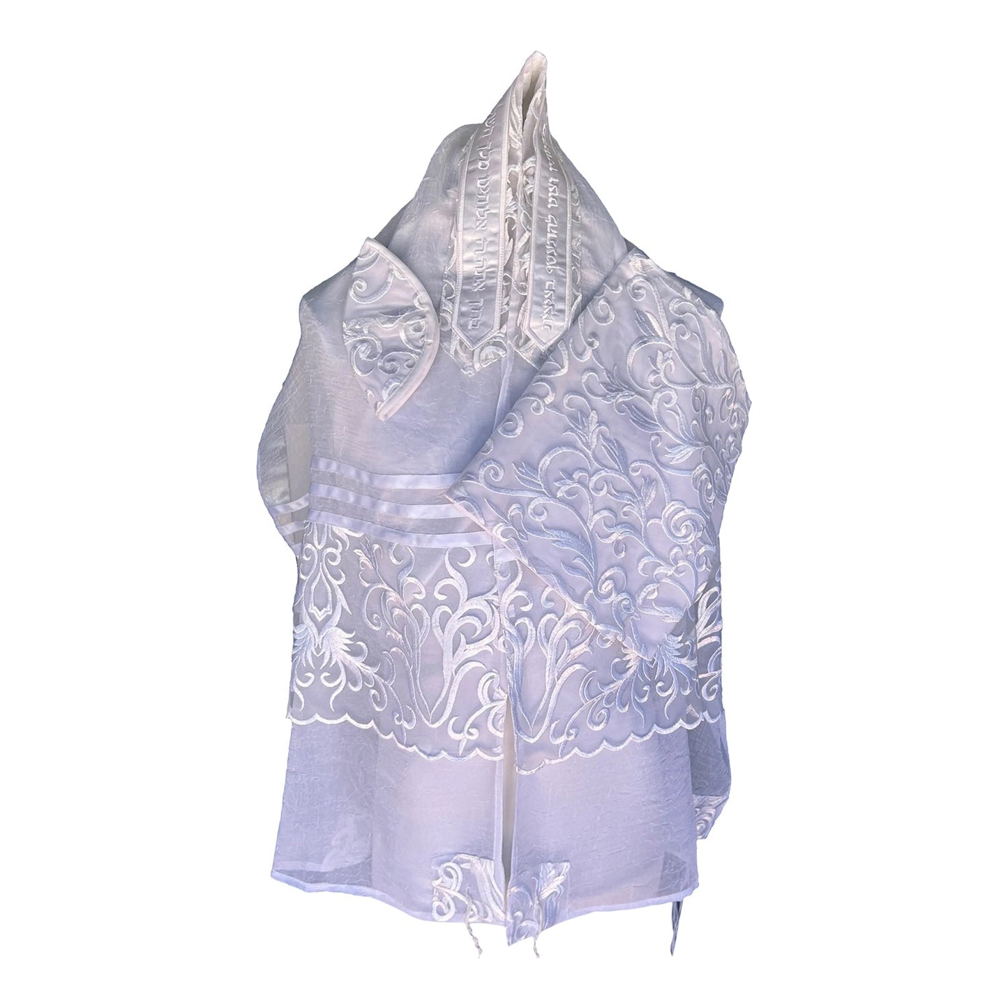 Women's Tallit: Ade-128 White floral chiffon Tallit