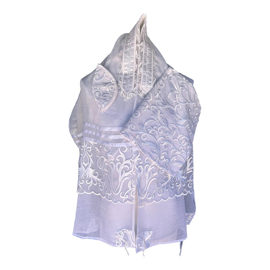 Women's Tallit: Ade-128 White floral chiffon Tallit