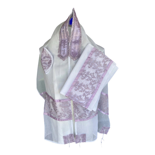 Women's Tallit: Ade-135 White Chiffon w/Lavander Lace Tallit
