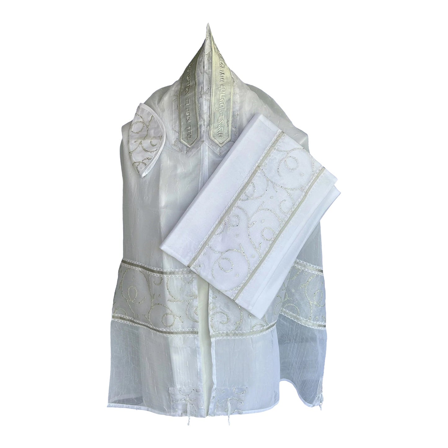 Women's Tallit: Ade-143 White Chiffon w/ Silver Spiral