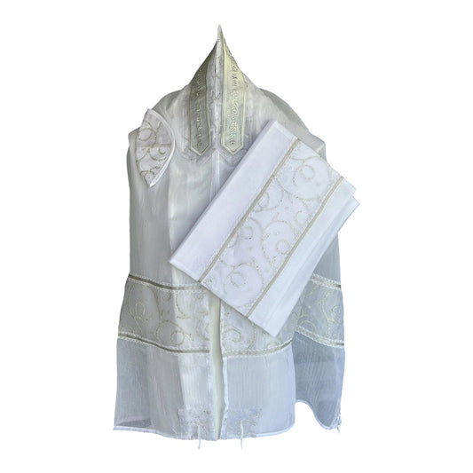 Women's Tallit: Ade-143 White Chiffon w/ Silver Spiral