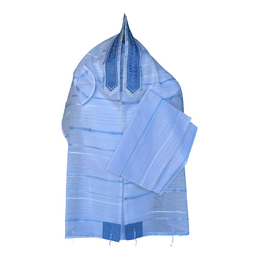 Women's Tallit: Ade-144 White Chiffon w/ Silver Blue Stripes