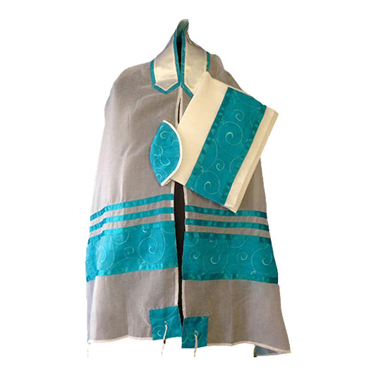 Women's Tallit: Ade-700 white chiffon and Teal Tallit