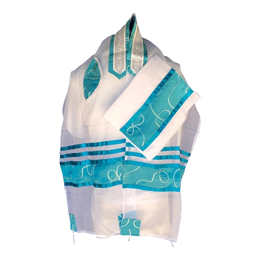 Women's Tallit: Ade-701 white tallit and Turqouise