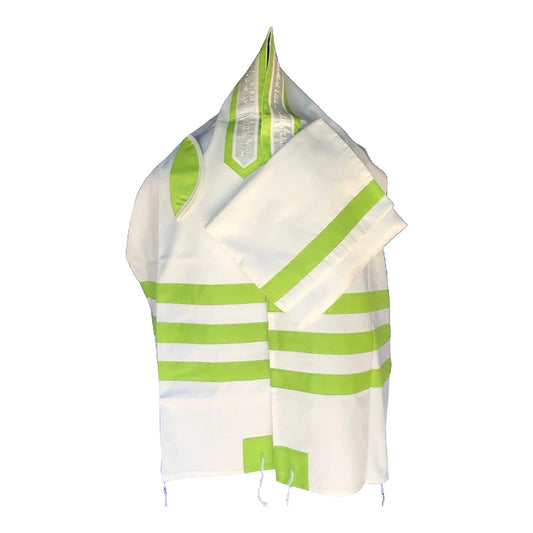 Women's Tallit: Ade-749 White w/ 3 Lime Green stripes Tallit