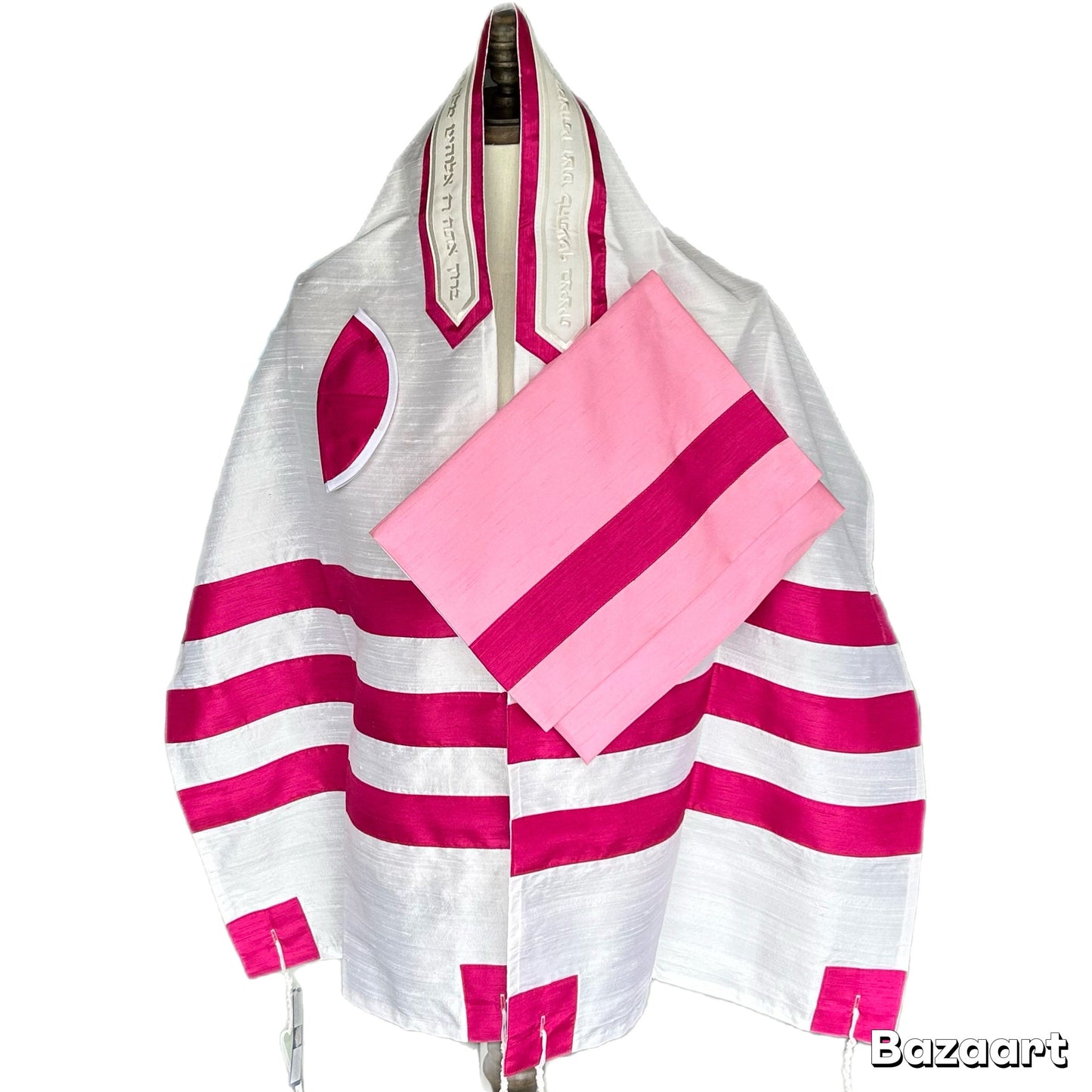 Women's Tallit: ADE-742 Raw silk with FUCHSIA  stripes Tallit