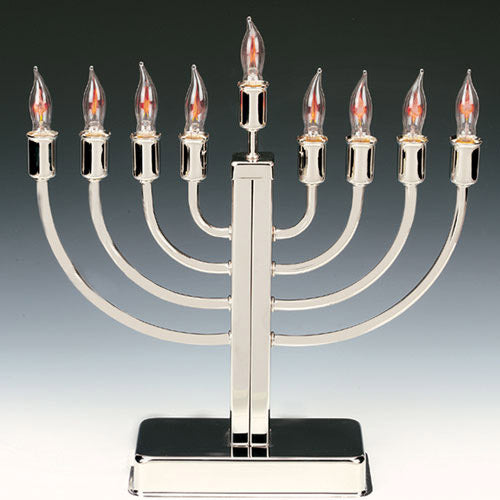 Classic Highly Polished Chrome Plated Electric Menorah with Flickering Bulbs -12" H X Width:1 3.5"