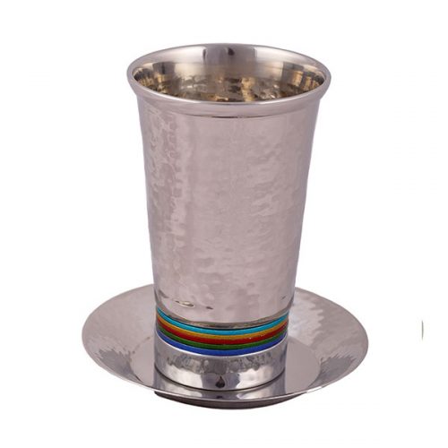Hammer-work kiddush cup with multicolor ring band and round base
