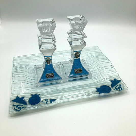 Navy Blue glass candle holder set with tray