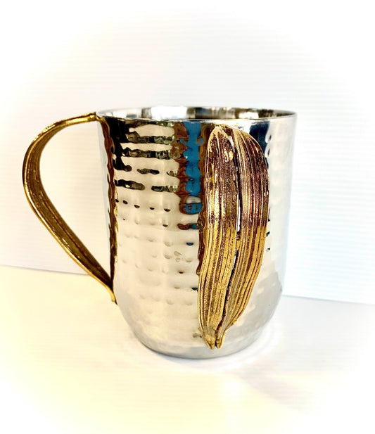 Wash Cup - Hammered silver metal with Antique Gold Leaf Handles