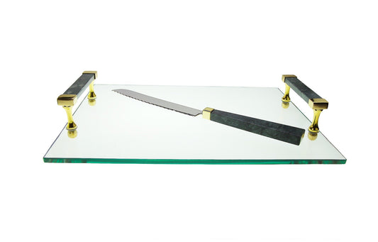 Glass Challah Board with Grey Marble Handles and Knife