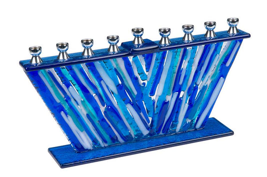 Artistic Fused Glass Menorah - Multi Blue Streaks