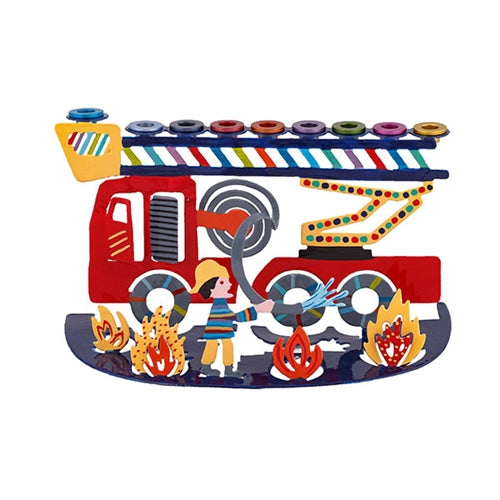 Children's Chanukah Menorah - Laser Cut - Hand Painted - Fire Truck